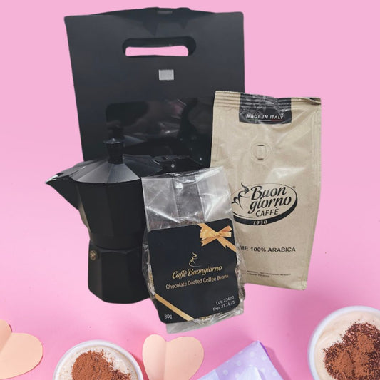 Gift Pack - Black Pezzetti Moka Pot, 100% Arabica ground coffee & Chocolate coated beans in an elegant display bag