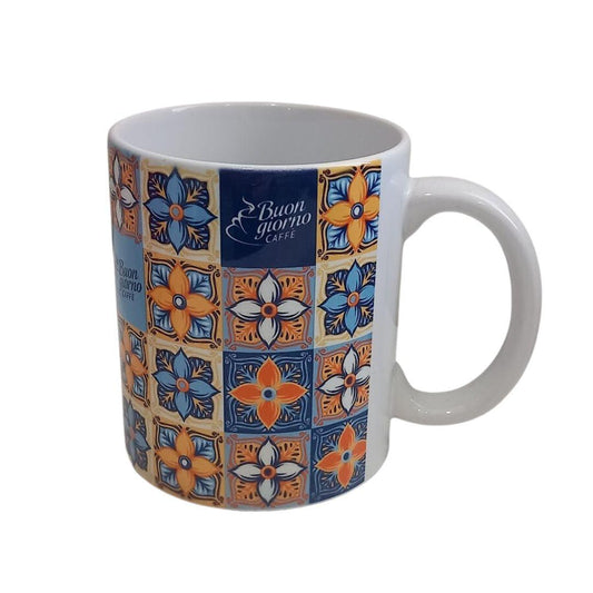 Buongiorno Tea/Coffee Mugs (Single) - Floral Tile Blue & Orange - Buongiorno Caffe' & More