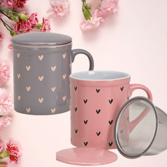 Pink/Grey Tea Mug with hearts & Filter