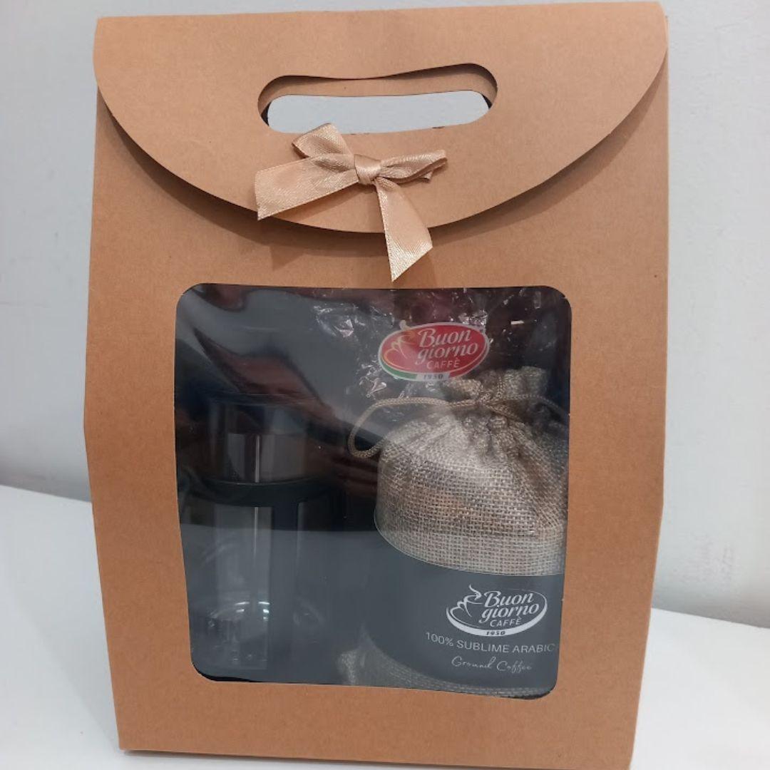 Gift Pack - Black French Press (3 cup), 100% Arabica ground coffee & Packet of chocolate coated coffee beans in an elegant display bag. - Buongiorno Caffe' & More
