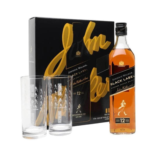Johnnie Walker Black Label 70cl – Gift Pack with 2 Highball Glasses, 12 year old (Best Before 29-12-2030) - Caffe' Buongiorno Store