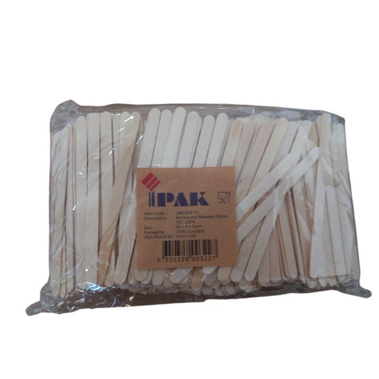 Pack of 1000 wooden coffee stirrers Short (90mm), unwrapped.