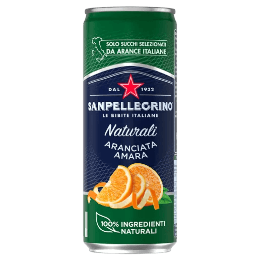 San Pellegrino Bitter Orange Fizzy Drink, 33cl - Case of 24 Cans (Best Before 31-07-2025) - Caffe' Buongiorno Store