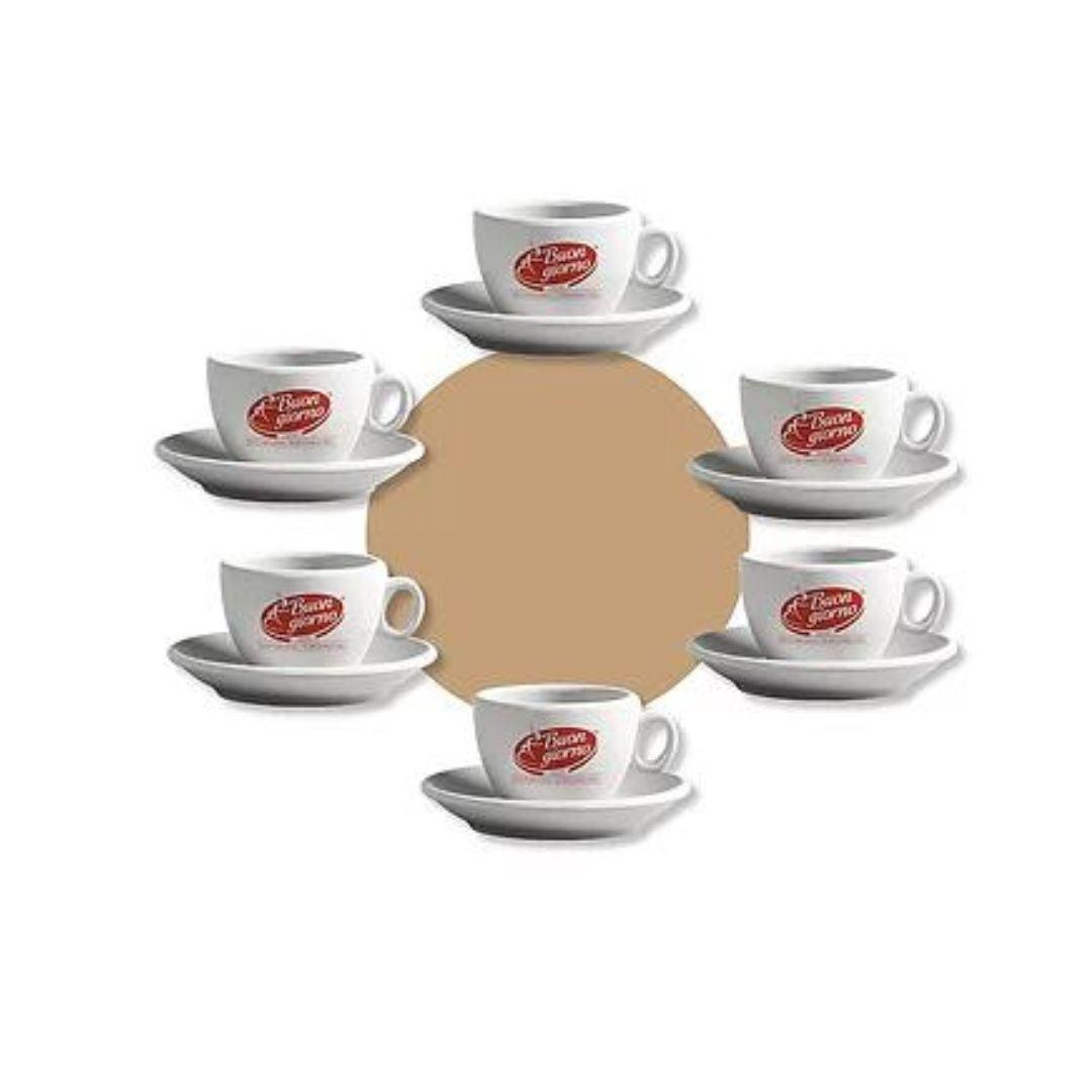 Set of 6 Ceramic Cappuccino Cups & Saucers, Palermo, 145cc, White, Branded Buongiorno - Buongiorno Caffe' & More