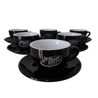 Set of 6 Ceramic Cappuccino Cups & Saucers, Palermo, 200cc, Black, Branded Buongiorno - Buongiorno Caffe' & More