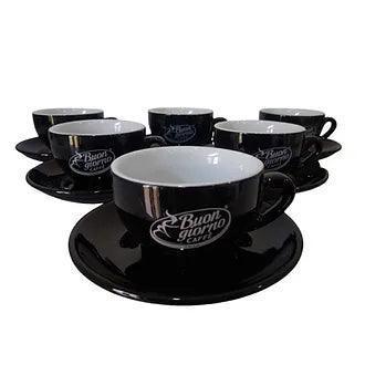 Set of 6 Ceramic Cappuccino Cups & Saucers, Palermo, 200cc, Black, Branded Buongiorno