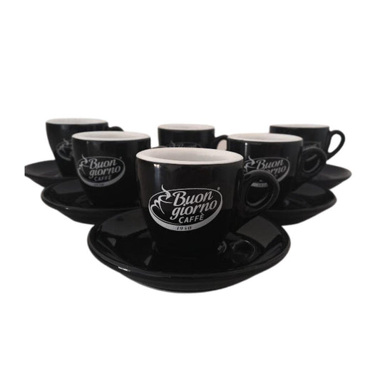 Set of 6 Ceramic Espresso Cups & Saucers, Palermo, Black, Branded Buongiorno - Buongiorno Caffe' & More