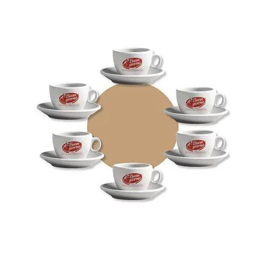 Set of 6 Ceramic Espresso Cups & Saucers, Palermo, White, Branded Buongiorno