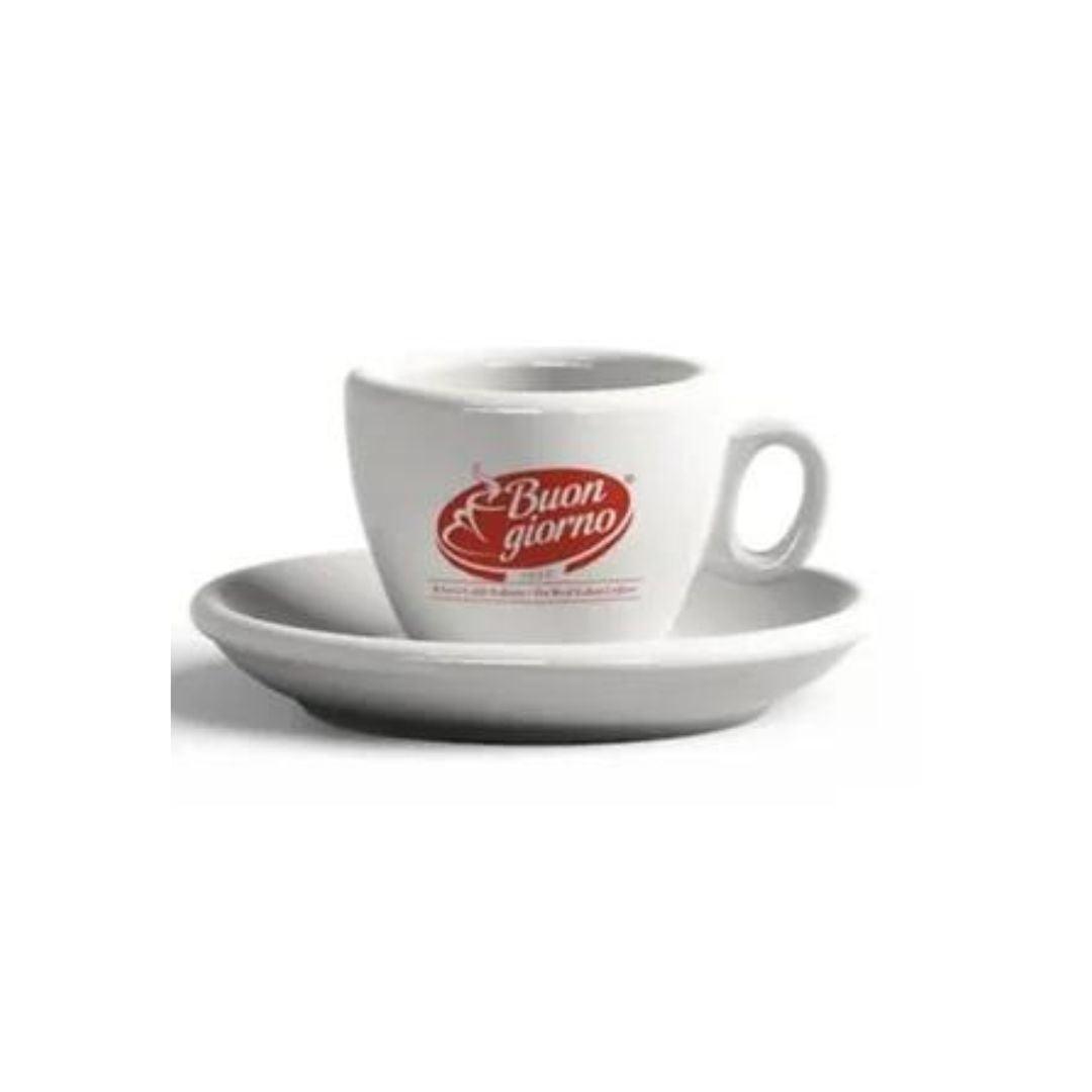 Single Ceramic Cappuccino Cup & Saucer, Palermo, 145cc, White, Branded Buongiorno - Buongiorno Caffe' & More