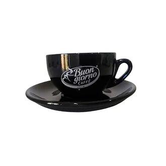 Single Ceramic Cappuccino Cups & Saucers, Palermo, 200cc, Black, Branded Buongiorno - Buongiorno Caffe' & More