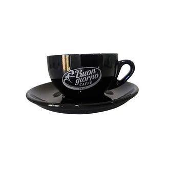 Single Ceramic Cappuccino Cups & Saucers, Palermo, 200cc, Black, Branded Buongiorno