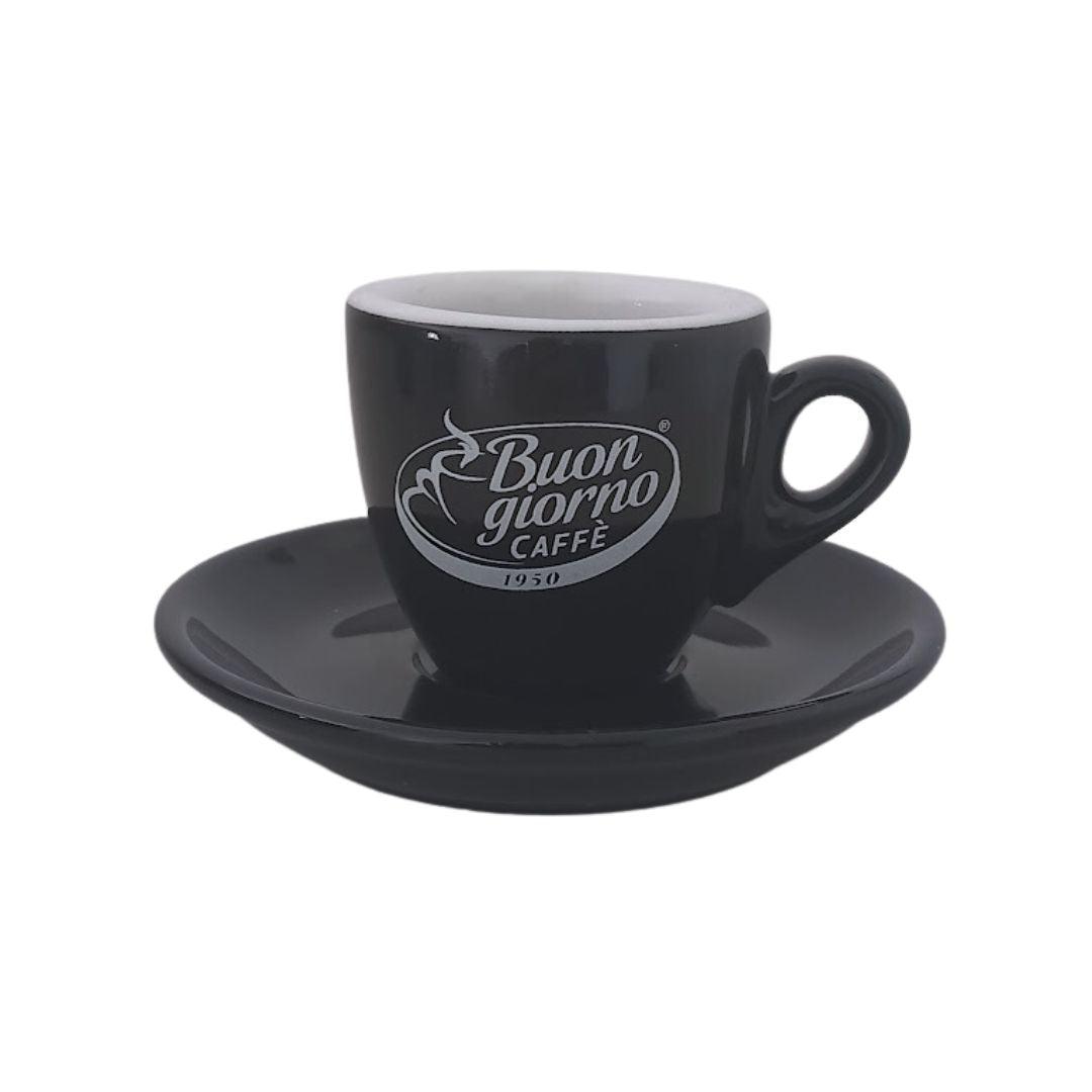 Single Ceramic Espresso Cups & Saucers, Palermo, Black, Branded Buongiorno - Buongiorno Caffe' & More